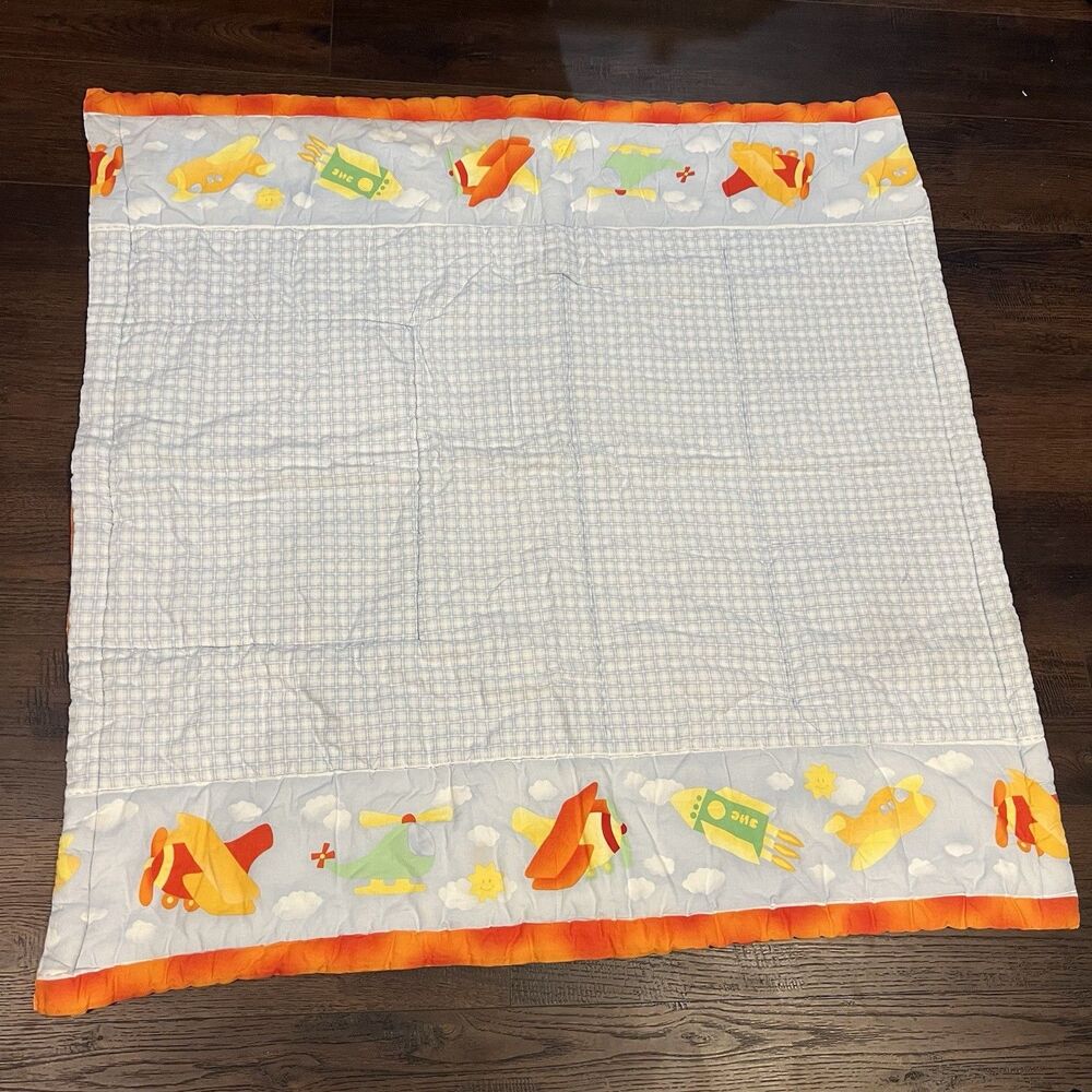 Vintage Baby Kids Quilt 39" x 39" Square rocket plane Helicopter Thick Warm
